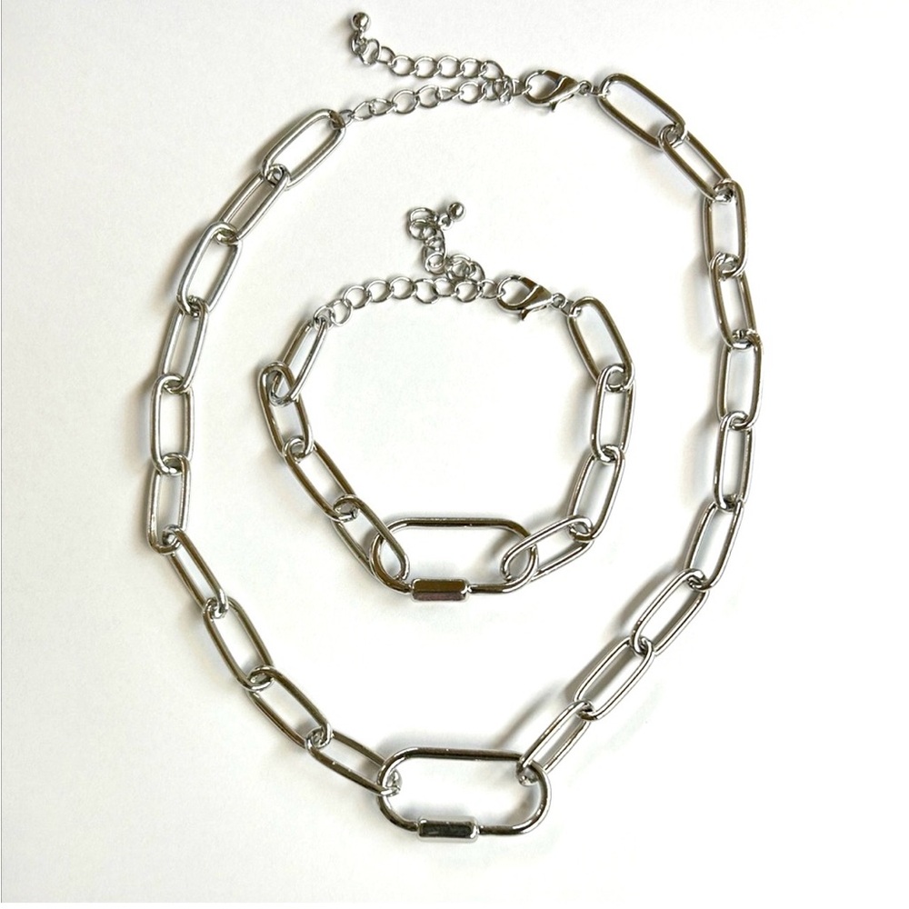 Silver Chain Necklace and Bracelet Set - Paper Clip Jewelry
